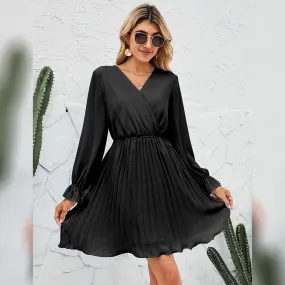 TastyHottie - Womens Wrap V Neck Pleated Long Sleeve Mini Dresses