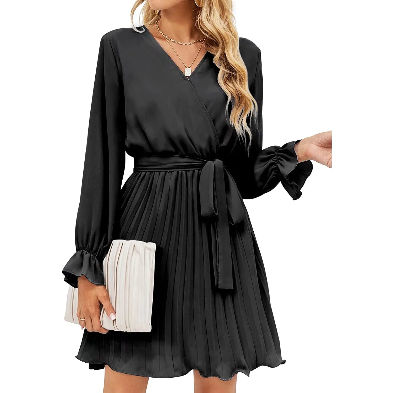 TastyHottie - Womens Wrap V Neck Pleated Long Sleeve Mini Dresses