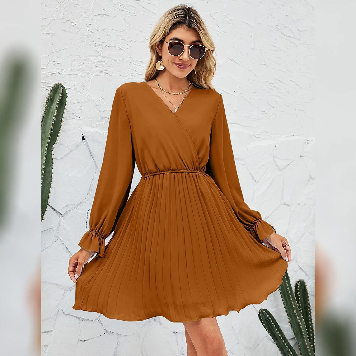 TastyHottie - Womens Wrap V Neck Pleated Long Sleeve Mini Dresses