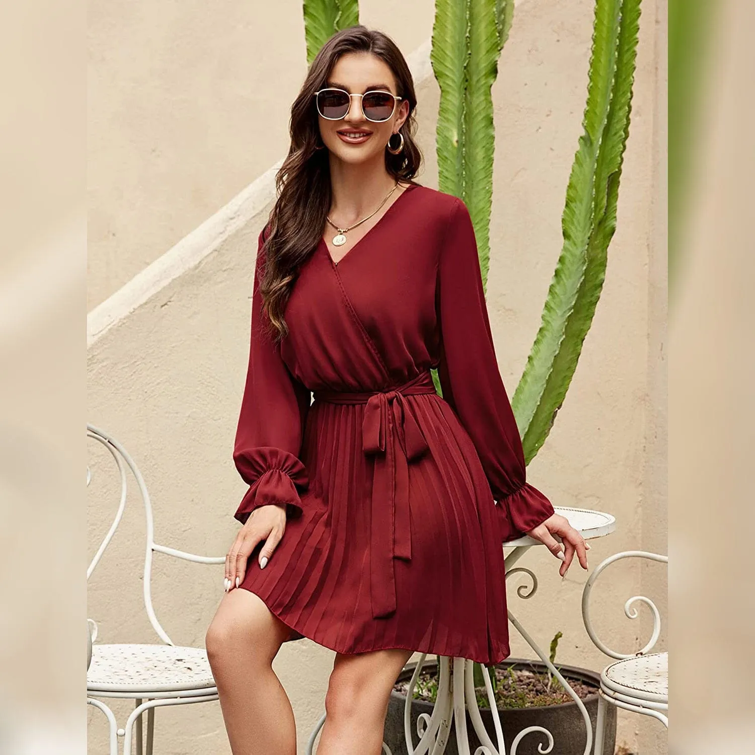 TastyHottie - Womens Wrap V Neck Pleated Long Sleeve Mini Dresses