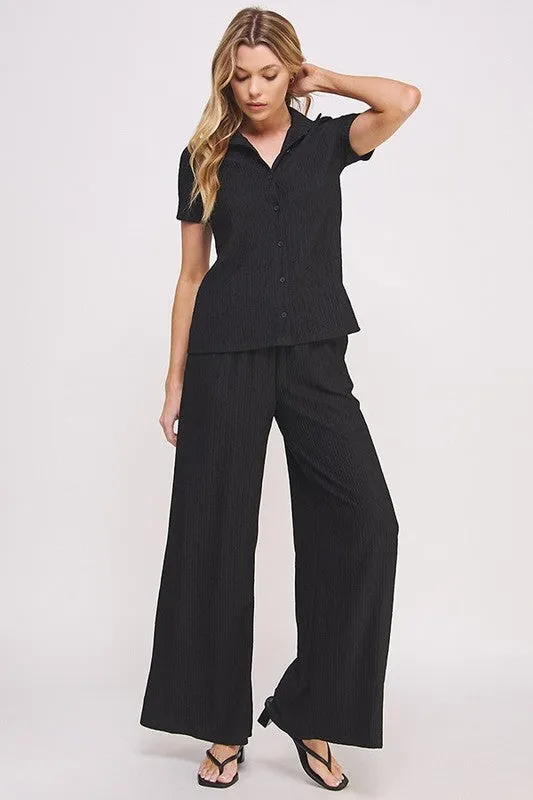 TEXTURED SHORT SLV BUTTON DOWN/WIDE LEG PANTS SET