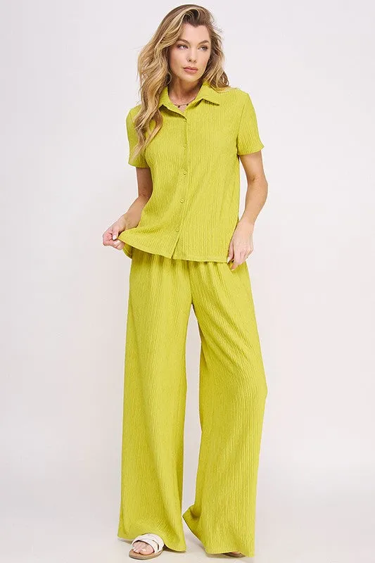 TEXTURED SHORT SLV BUTTON DOWN/WIDE LEG PANTS SET