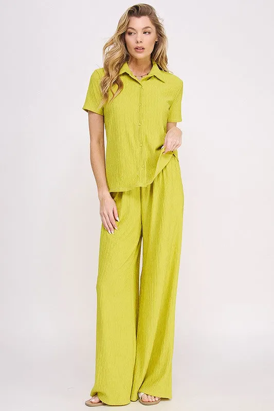 TEXTURED SHORT SLV BUTTON DOWN/WIDE LEG PANTS SET