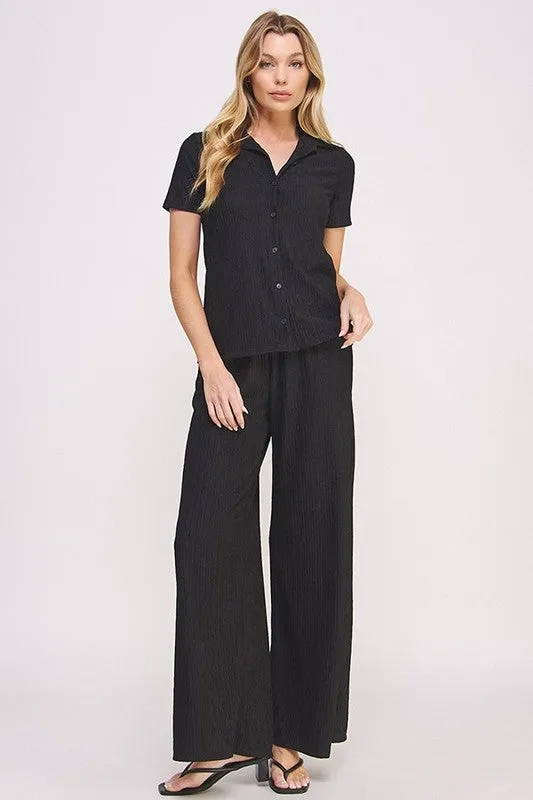 TEXTURED SHORT SLV BUTTON DOWN/WIDE LEG PANTS SET