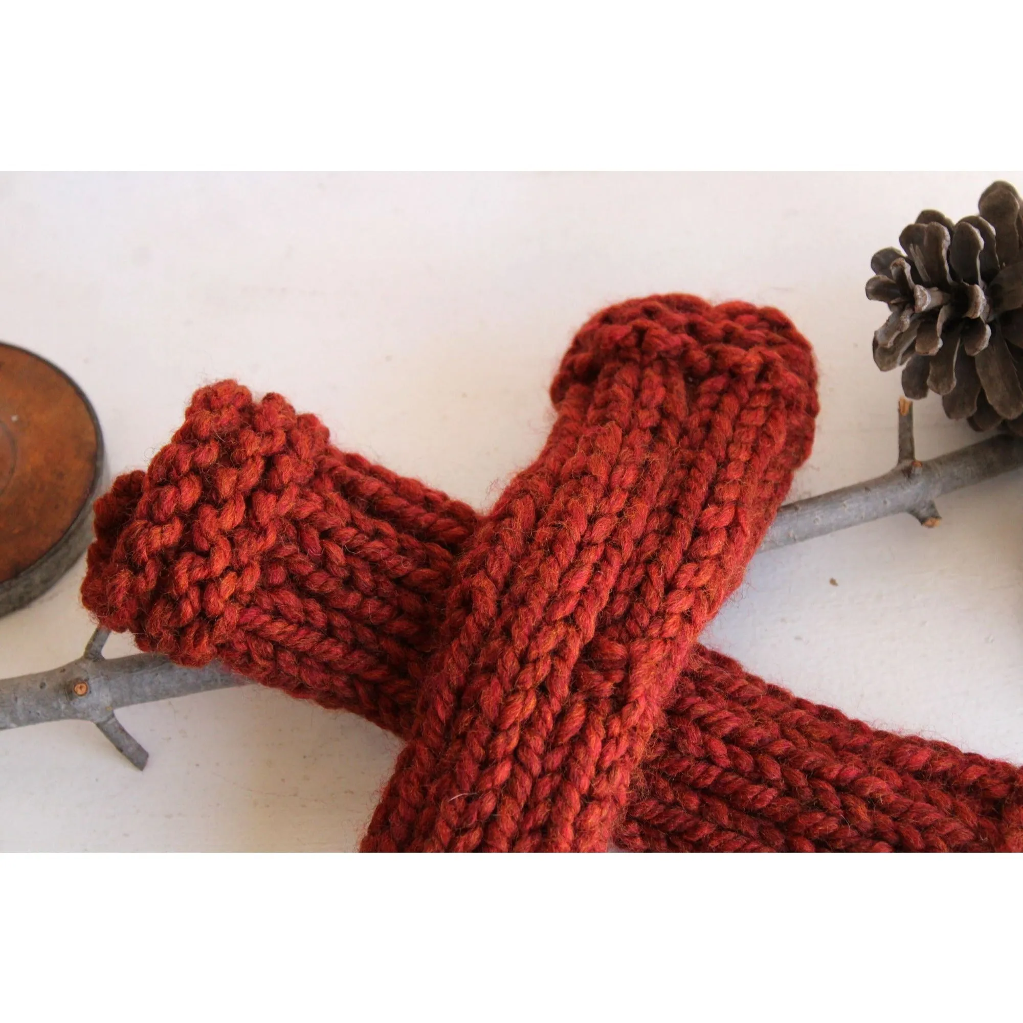 The India Spice Handknit Fingerless Gloves in Chunky Rust Red