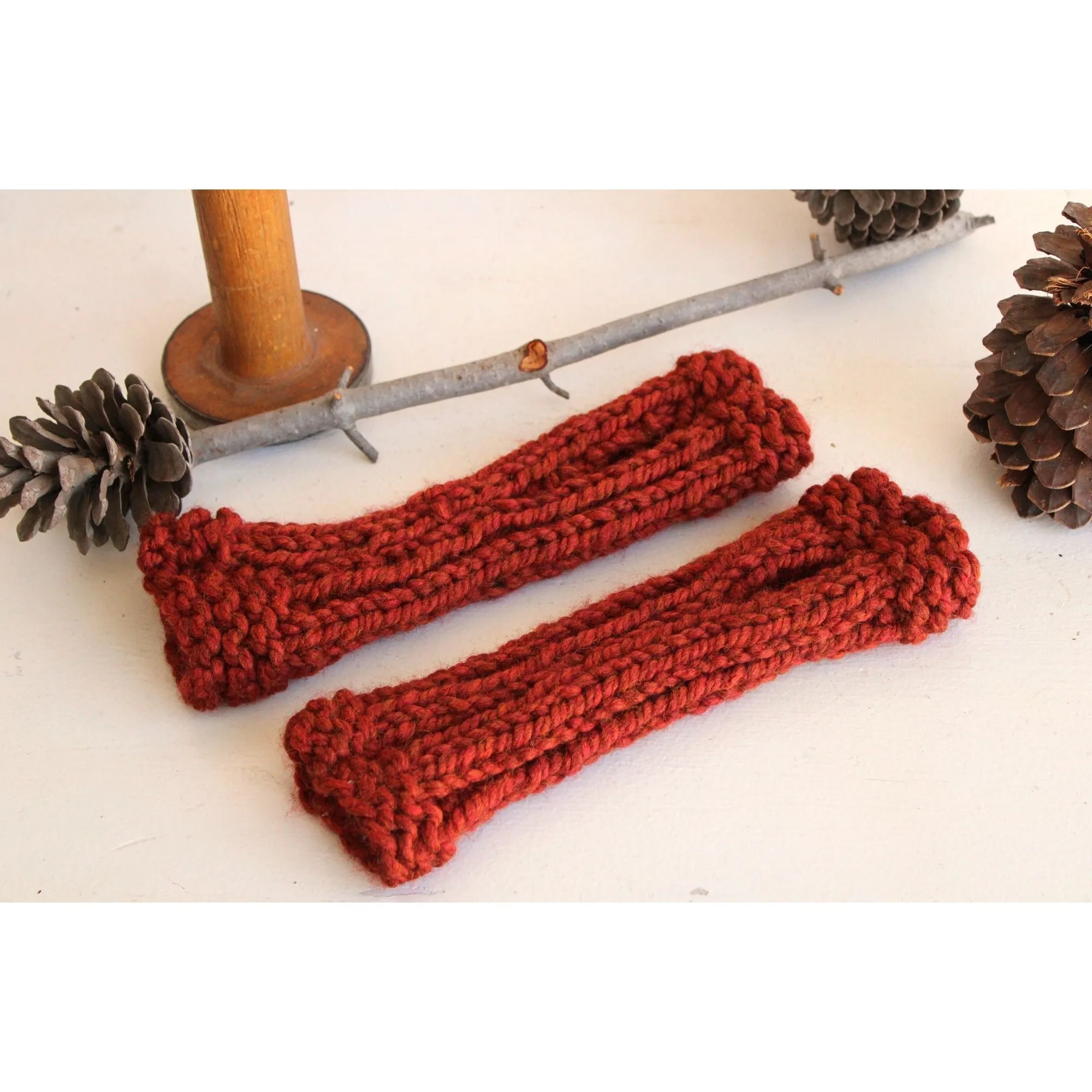 The India Spice Handknit Fingerless Gloves in Chunky Rust Red