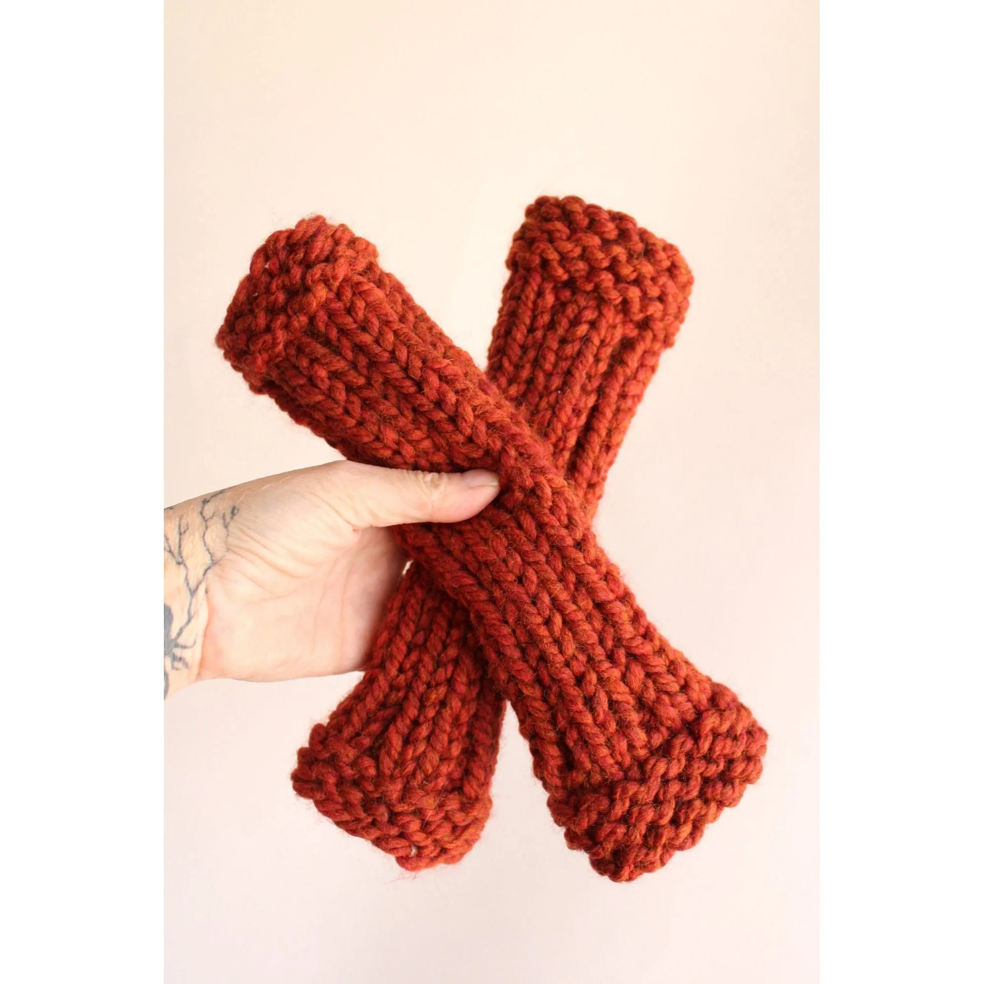 The India Spice Handknit Fingerless Gloves in Chunky Rust Red