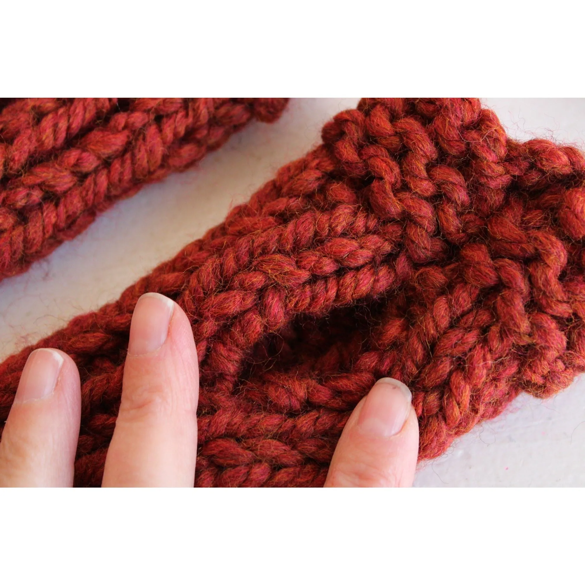 The India Spice Handknit Fingerless Gloves in Chunky Rust Red