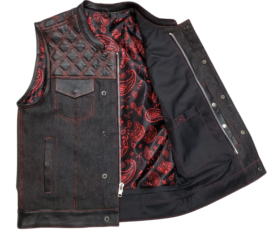 The "Club Diamond" Red Diamond Stitch Leather/Denim Club Vest