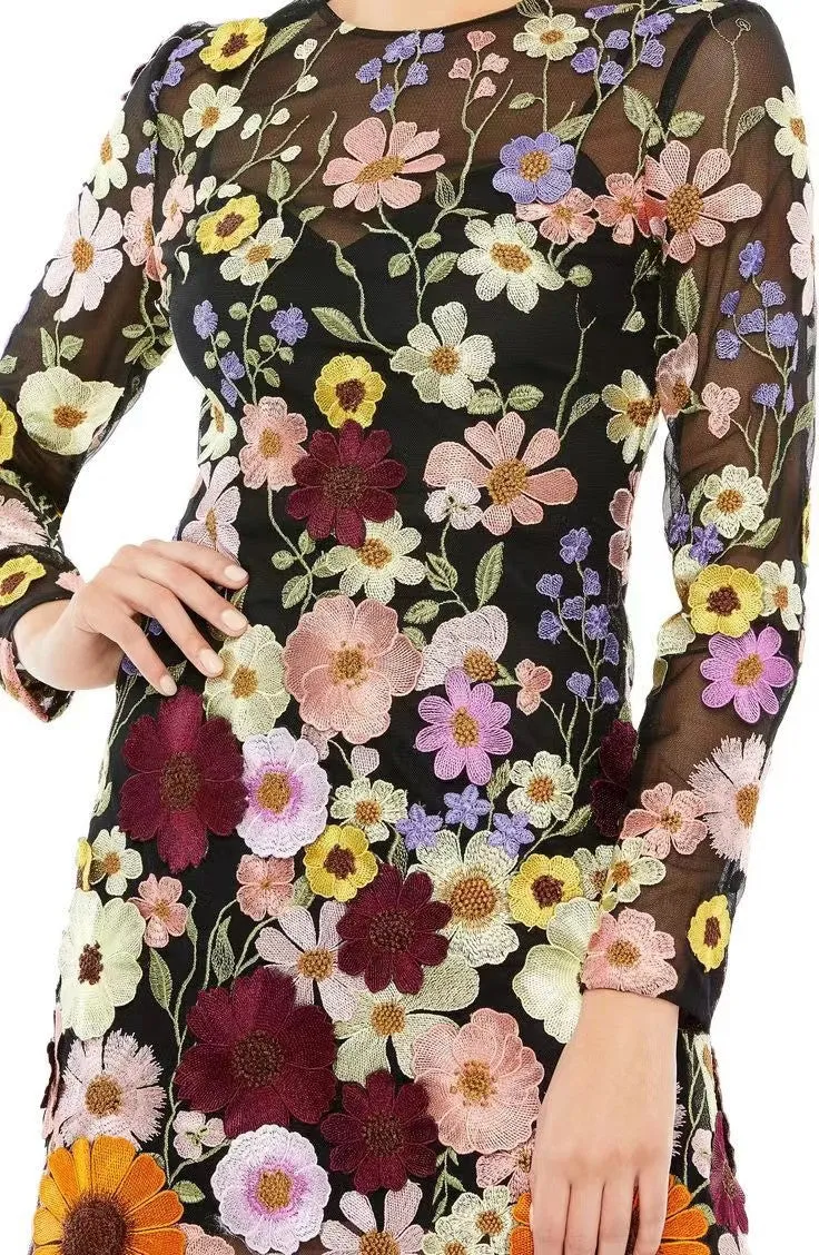 Three-dimensional flowers wrap hip sexy dress