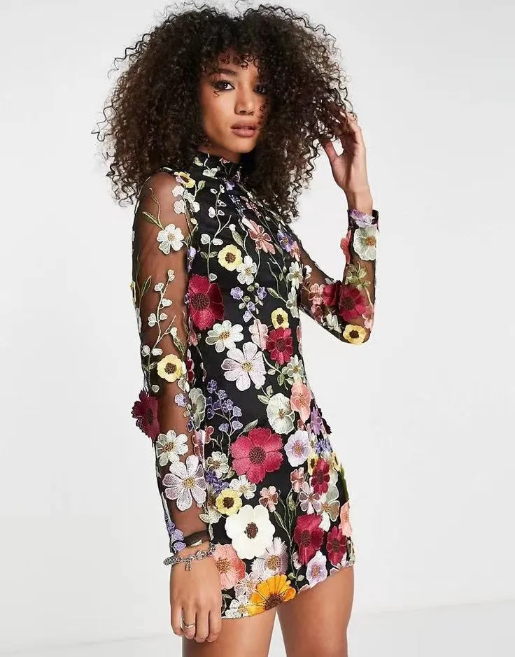 Three-dimensional flowers wrap hip sexy dress