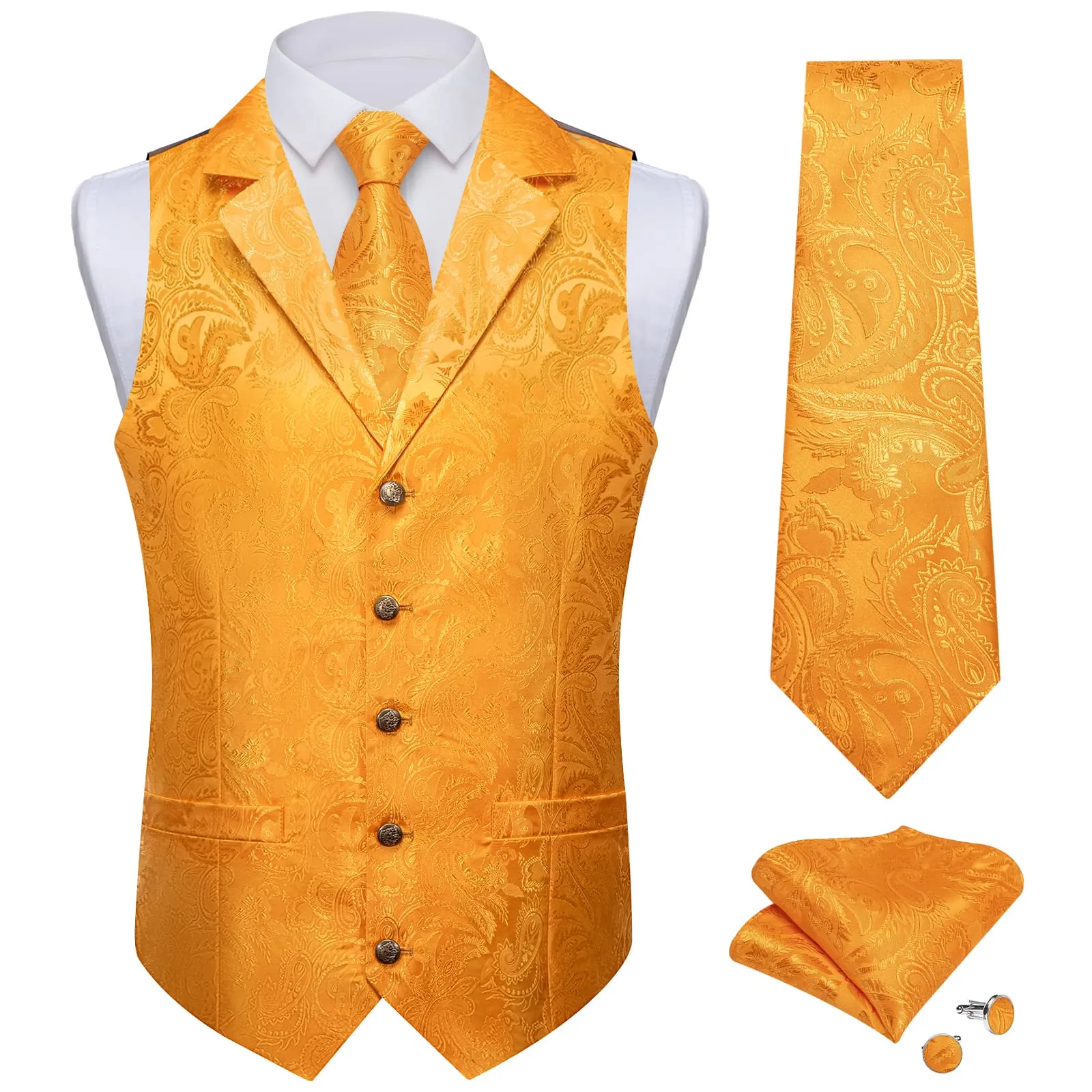 Ties2you Dress Vest Carrot Orange Paisley Notched Collar Silk Mens Waistcoat Tie Set