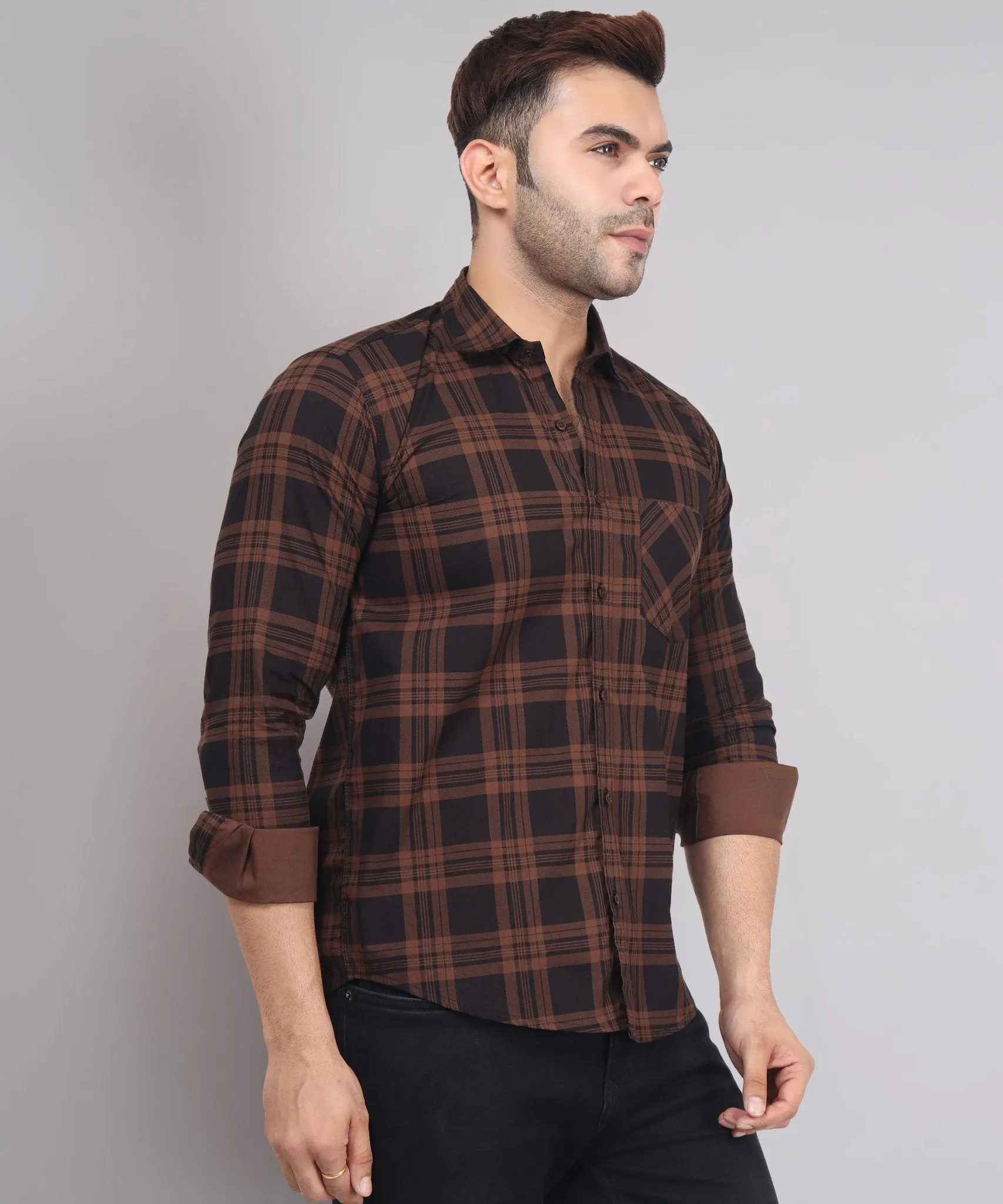 TryBuy Premium Robert Brown Black Checks Cotton Button-Up Shirt For Men