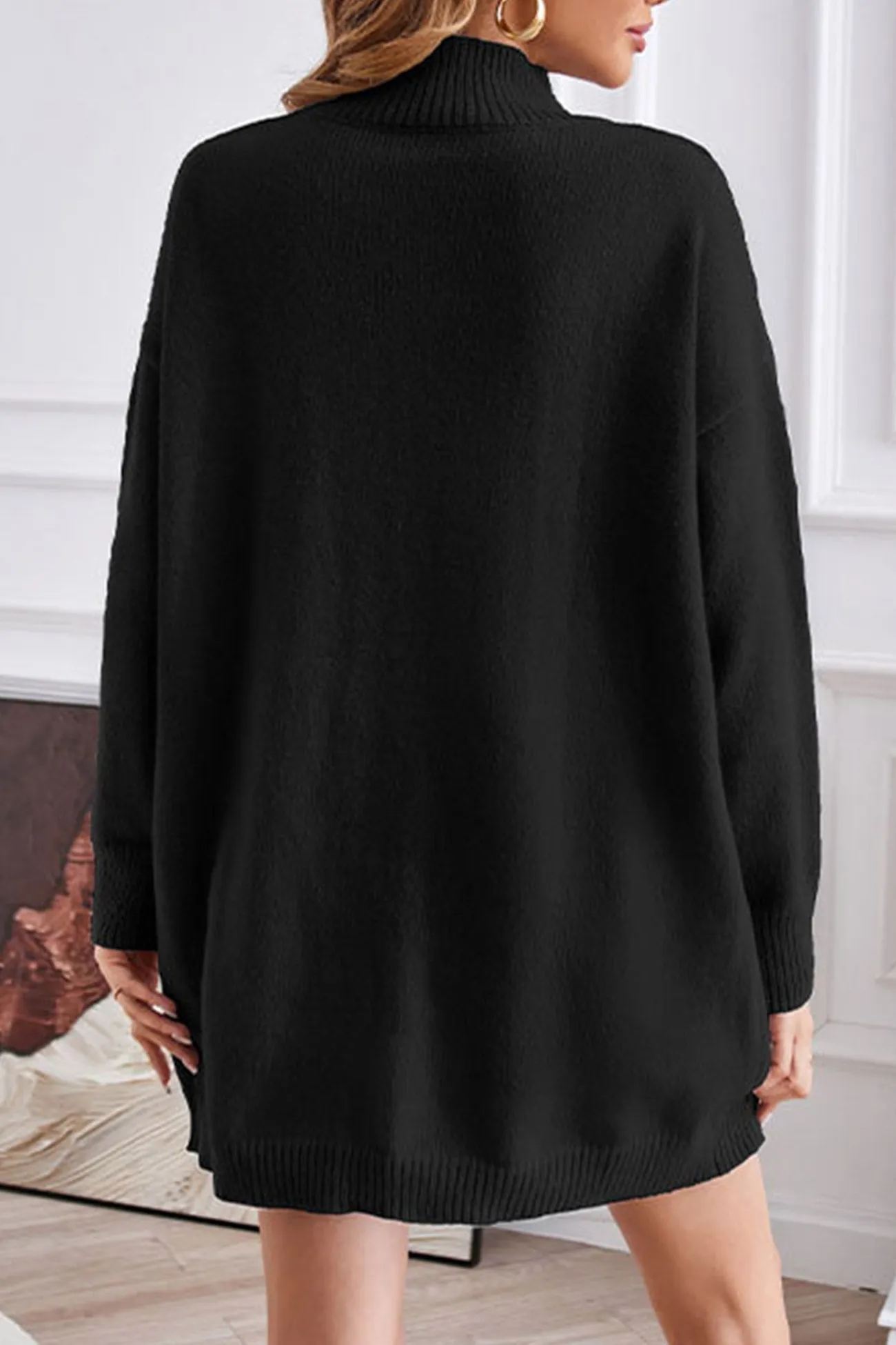 Turtleneck Slit-front Mid-Length Sweater