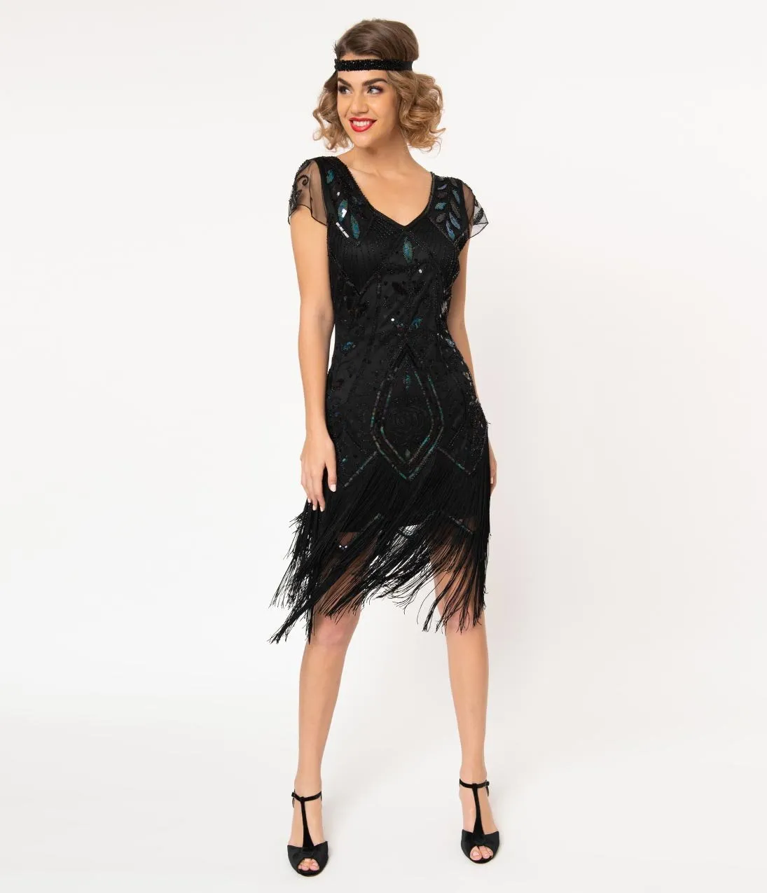 Unique Vintage 1920s Black Beaded Noele Fringe Flapper Dress