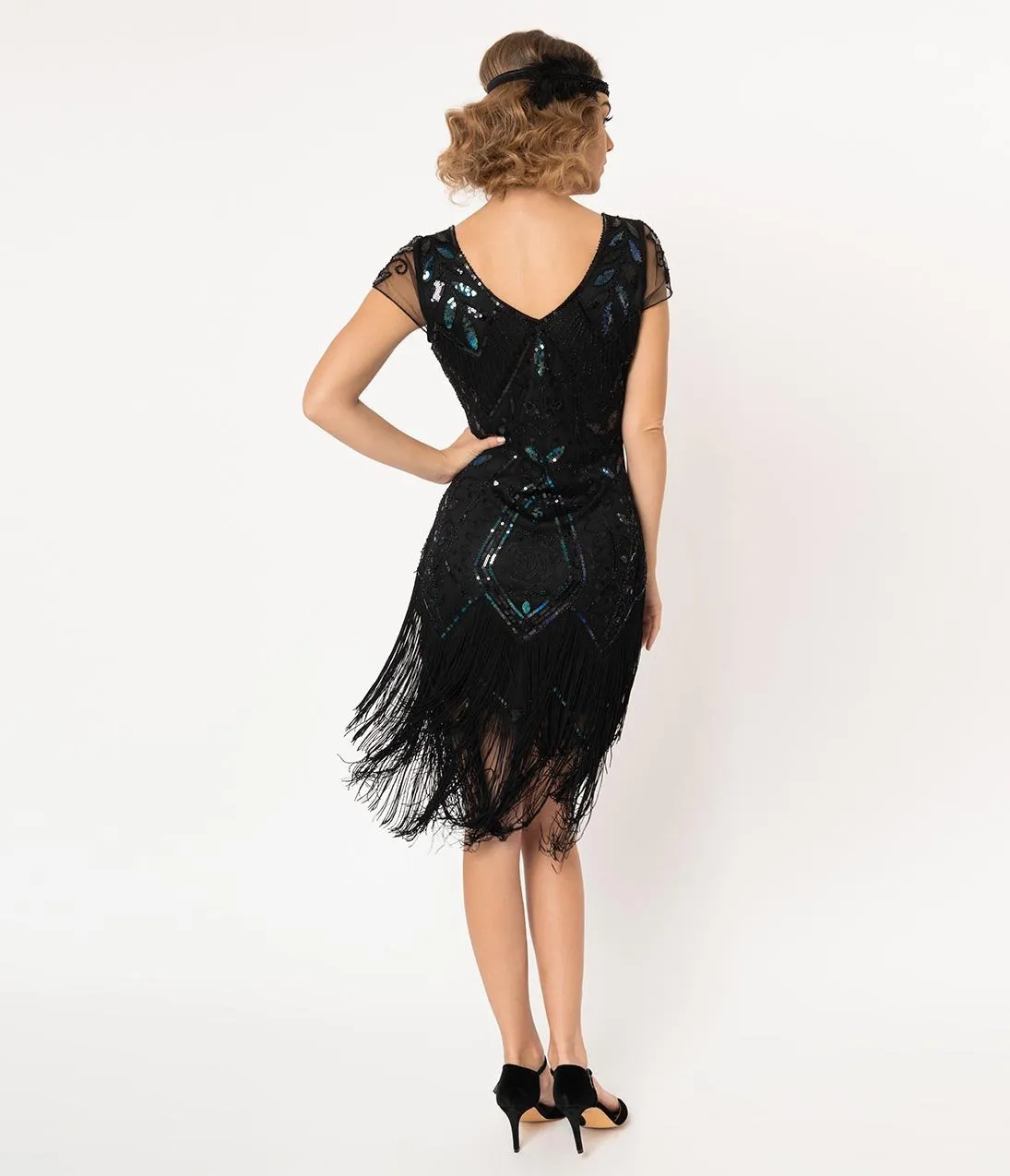 Unique Vintage 1920s Black Beaded Noele Fringe Flapper Dress