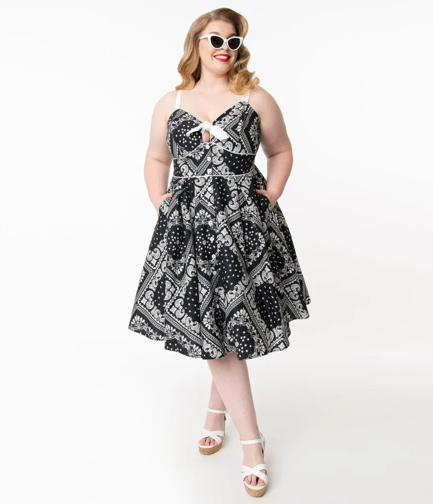 Unique Vintage Black Bandana Print Rockie Swing Dress (XS ONLY)