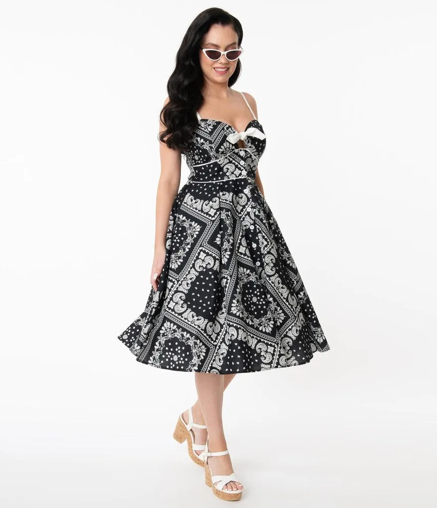 Unique Vintage Black Bandana Print Rockie Swing Dress (XS ONLY)