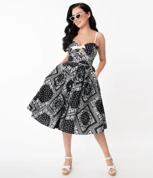 Unique Vintage Black Bandana Print Rockie Swing Dress (XS ONLY)