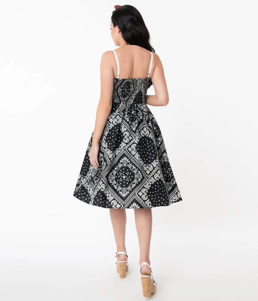 Unique Vintage Black Bandana Print Rockie Swing Dress (XS ONLY)