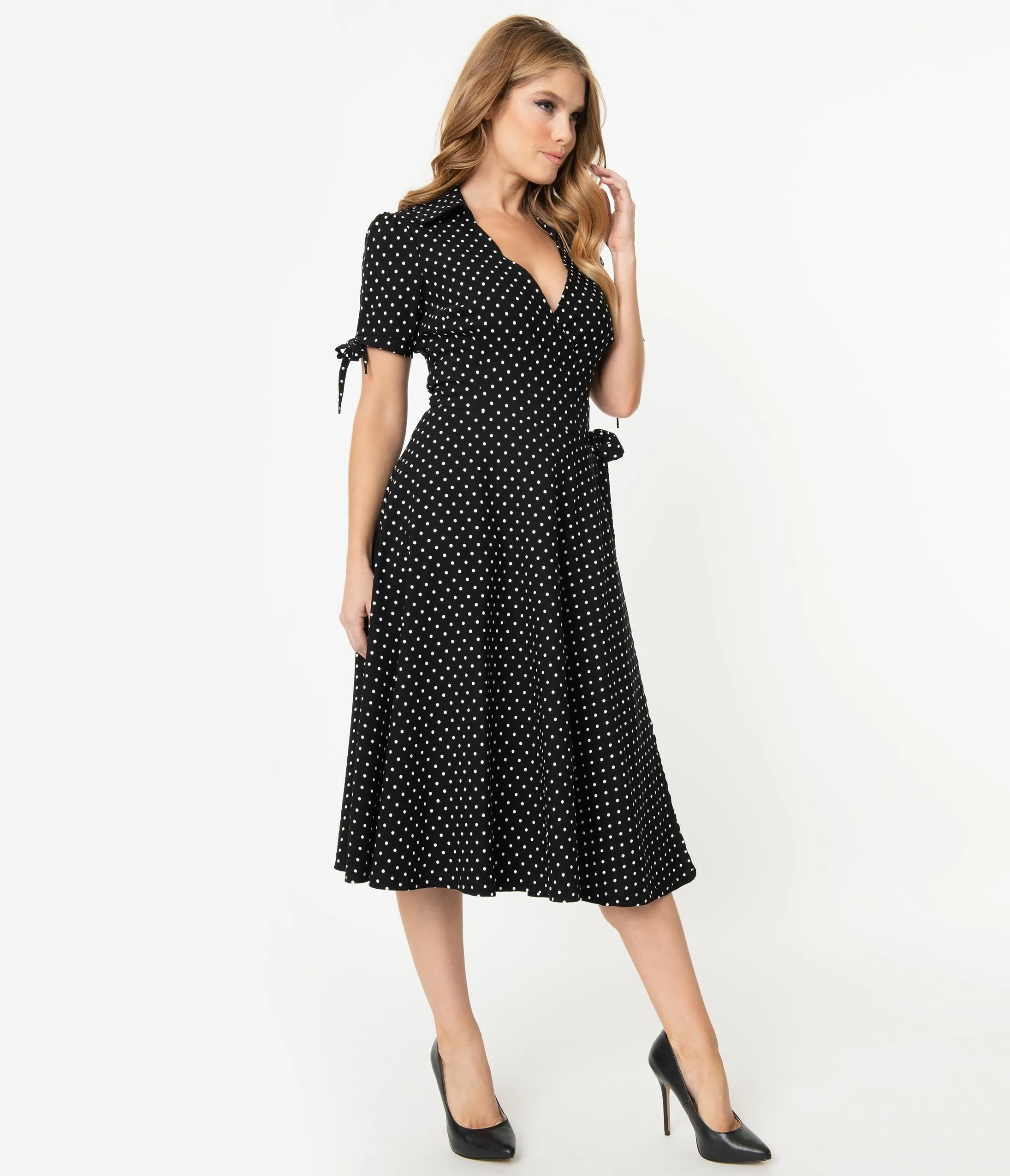 Unique Vintage Retro Black & White Pin Dot Bianca Wrap Dress