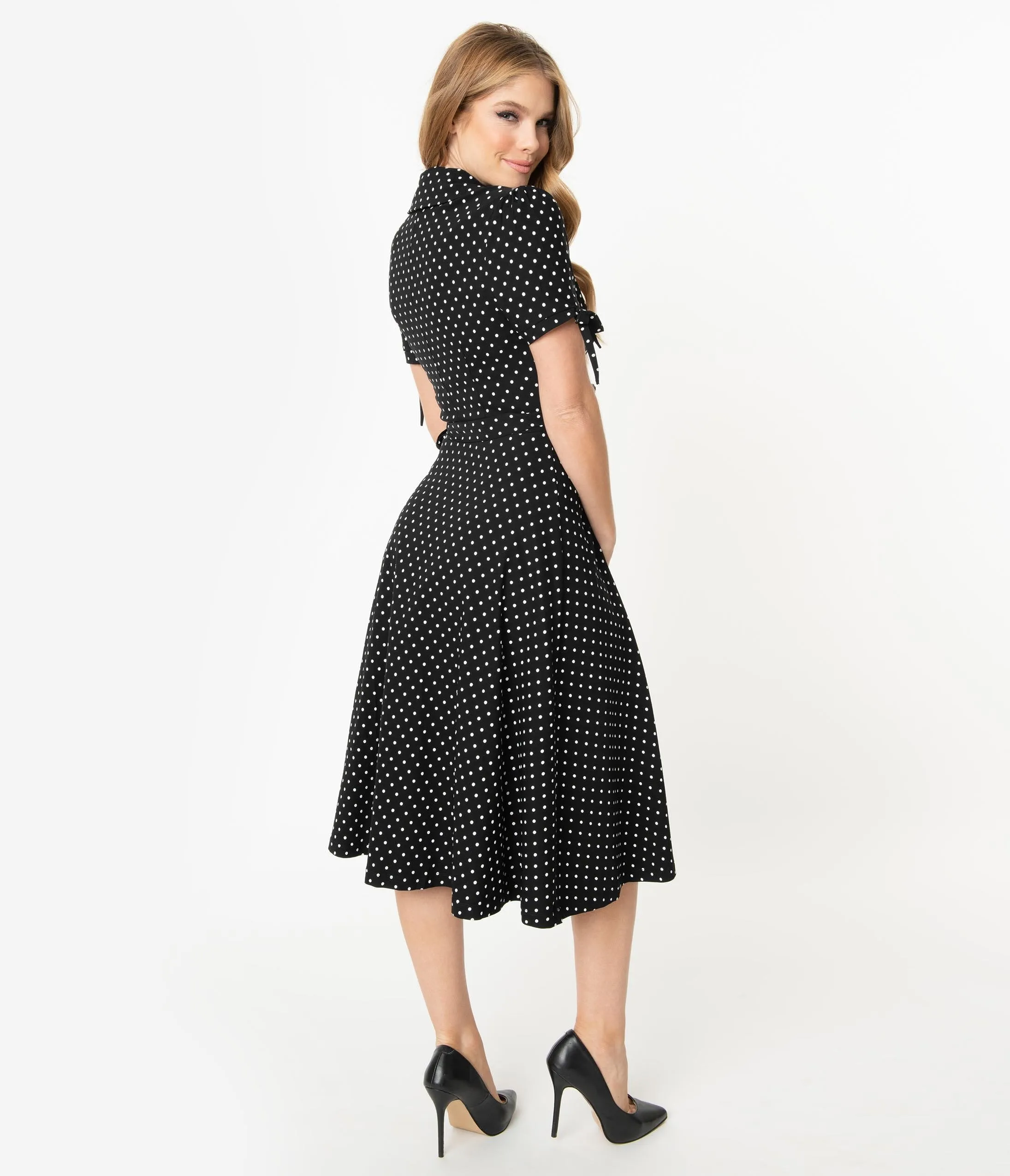 Unique Vintage Retro Black & White Pin Dot Bianca Wrap Dress