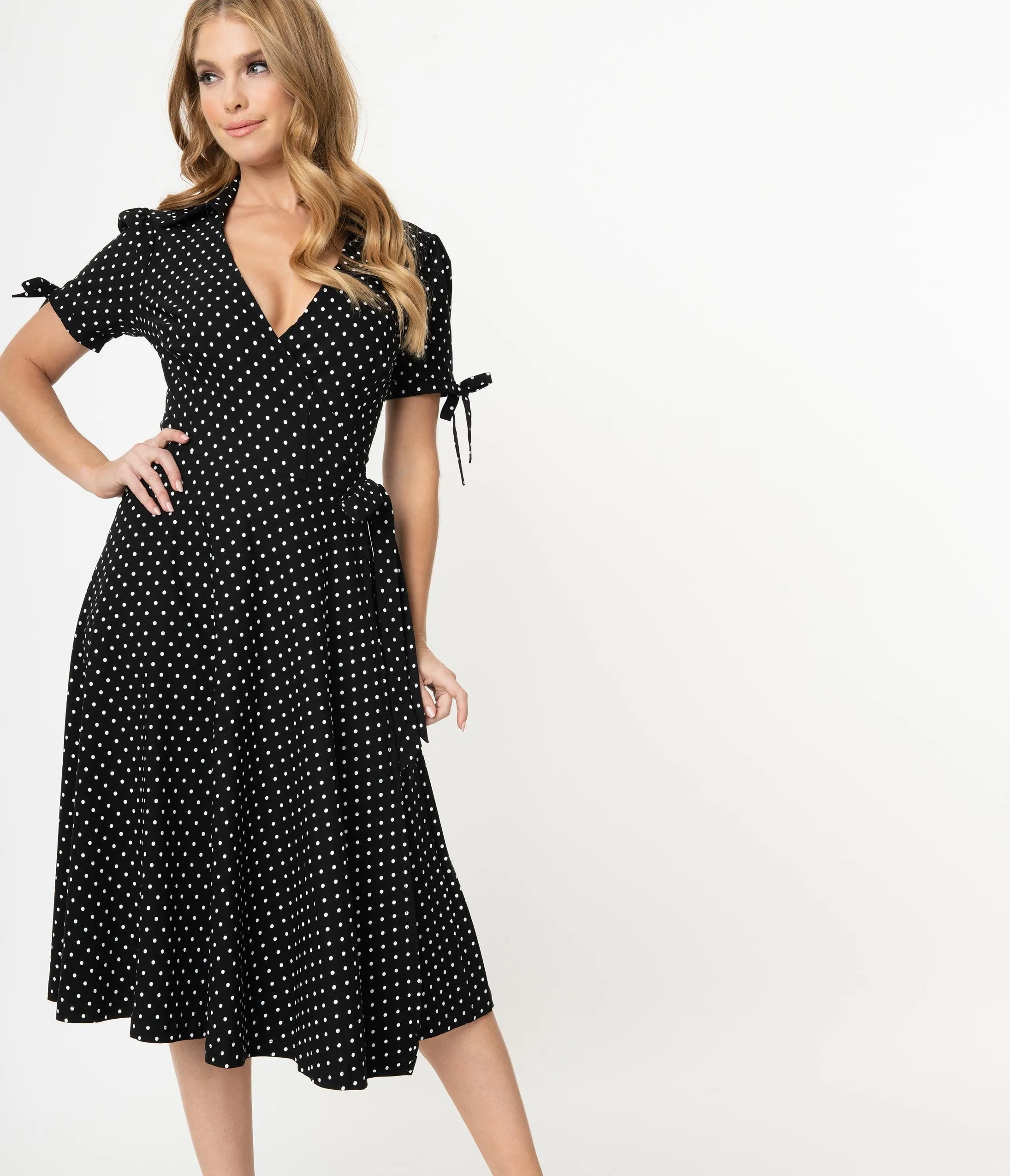 Unique Vintage Retro Black & White Pin Dot Bianca Wrap Dress