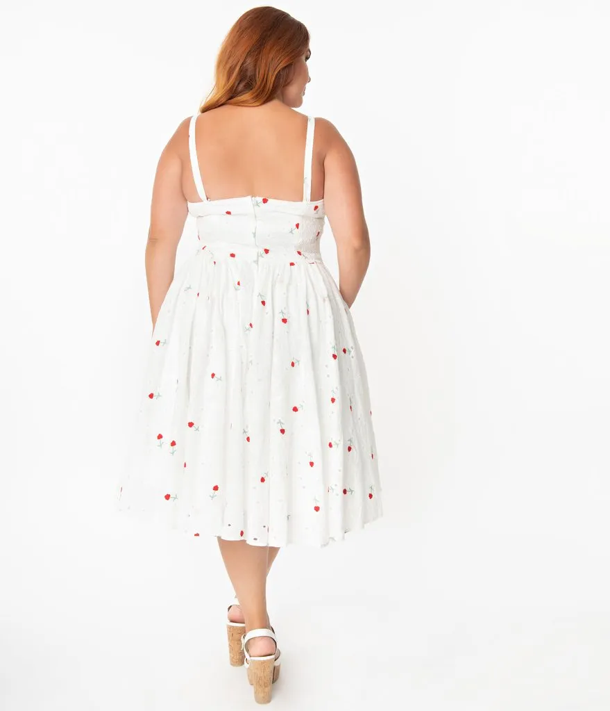 Unique Vintage White Eyelet & Red Roses Golightly Swing Dress (L ONLY)