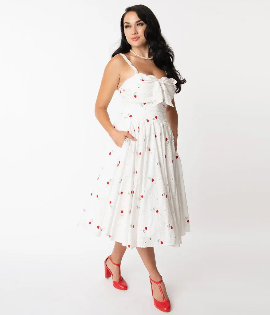 Unique Vintage White Eyelet & Red Roses Golightly Swing Dress (L ONLY)