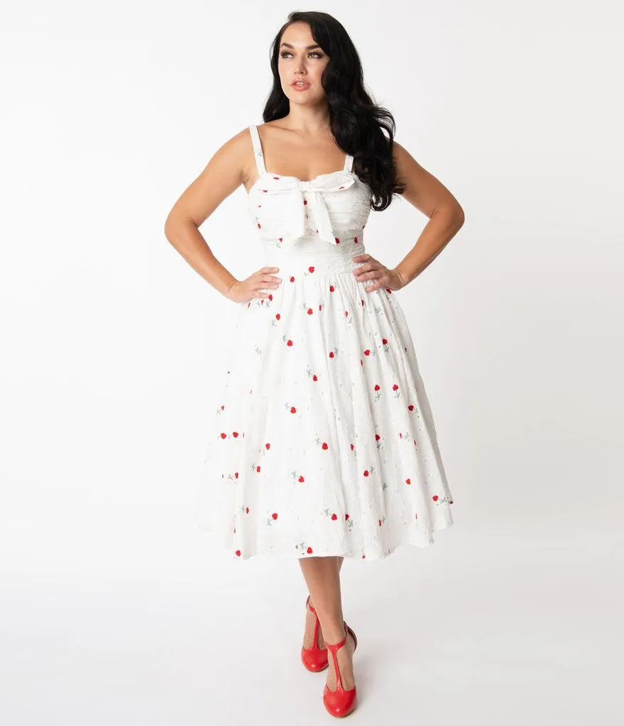 Unique Vintage White Eyelet & Red Roses Golightly Swing Dress (L ONLY)