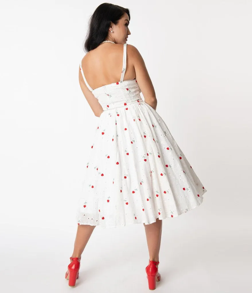 Unique Vintage White Eyelet & Red Roses Golightly Swing Dress (L ONLY)