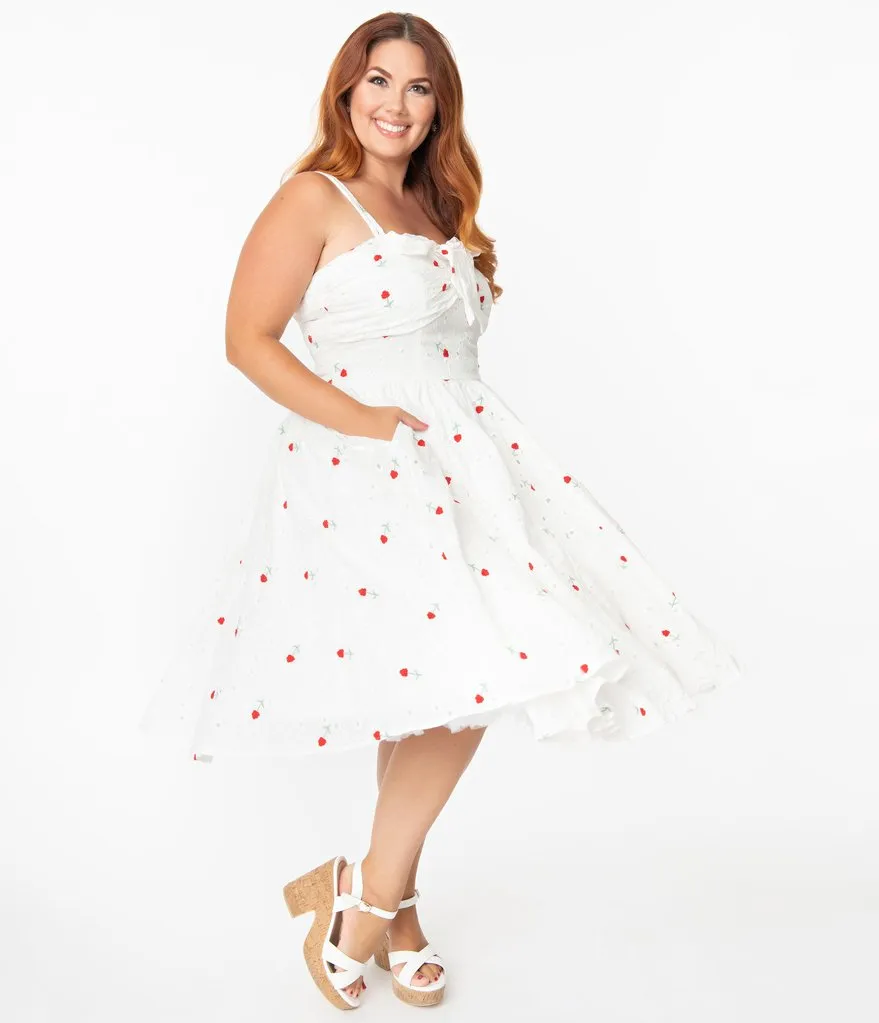 Unique Vintage White Eyelet & Red Roses Golightly Swing Dress (L ONLY)