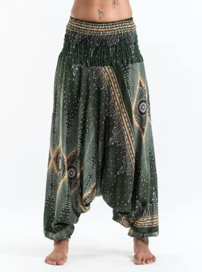 Unisex Diamond Peacock Drop Crotch Jumpsuit Harem Pants in Green