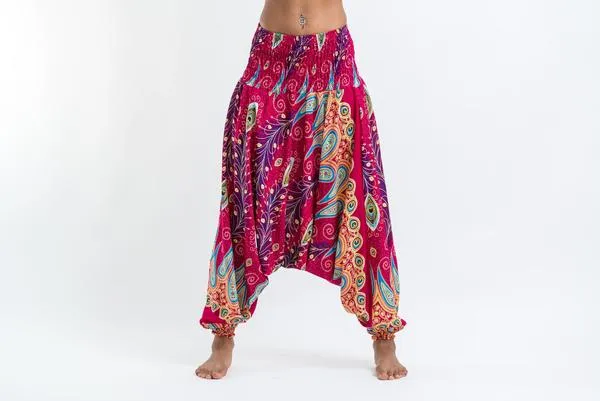 Unisex Peacock Paisley Drop Crotch Jumpsuit Harem Pants in Pink