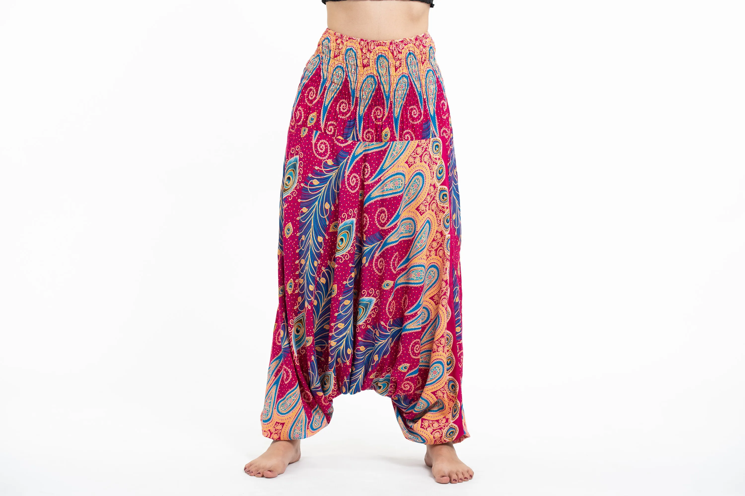 Unisex Peacock Paisley Drop Crotch Jumpsuit Harem Pants in Pink