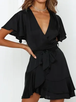 V-neck Ruffled Belt Wrap Mini Dress