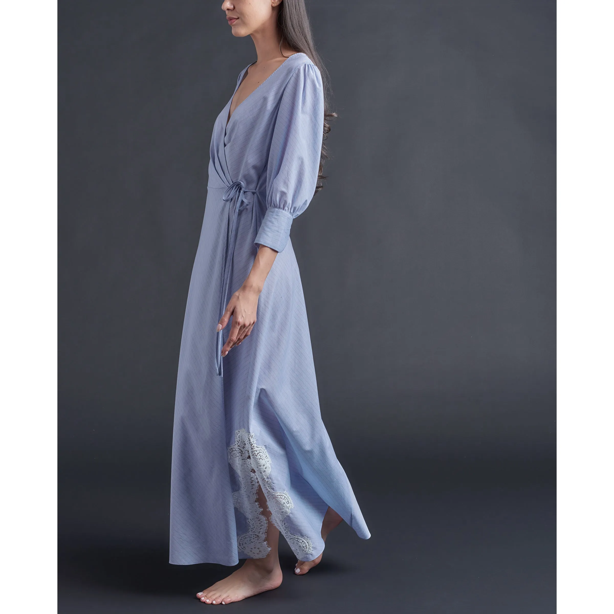 Vesta Wrap Dress in Blue Cotton Stripe