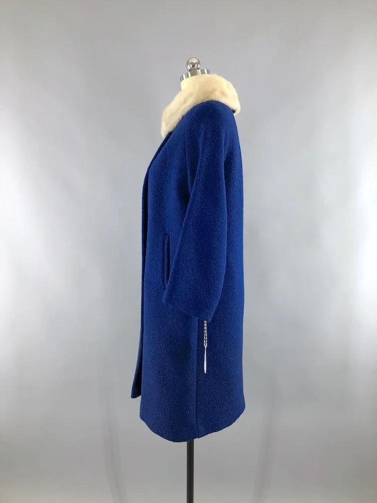 Vintage 1960s Blue Coat with White Mink Fur Collar