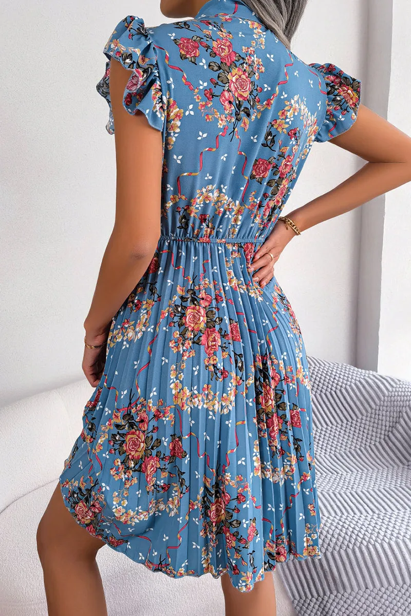 Vintage Elegant Flowers Frenulum Pleated Half A Turtleneck Pleated Dresses