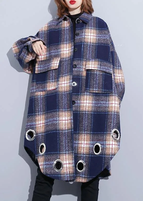 vintage Loose fitting Winter coat blue purple plaid lapel pockets wool overcoat