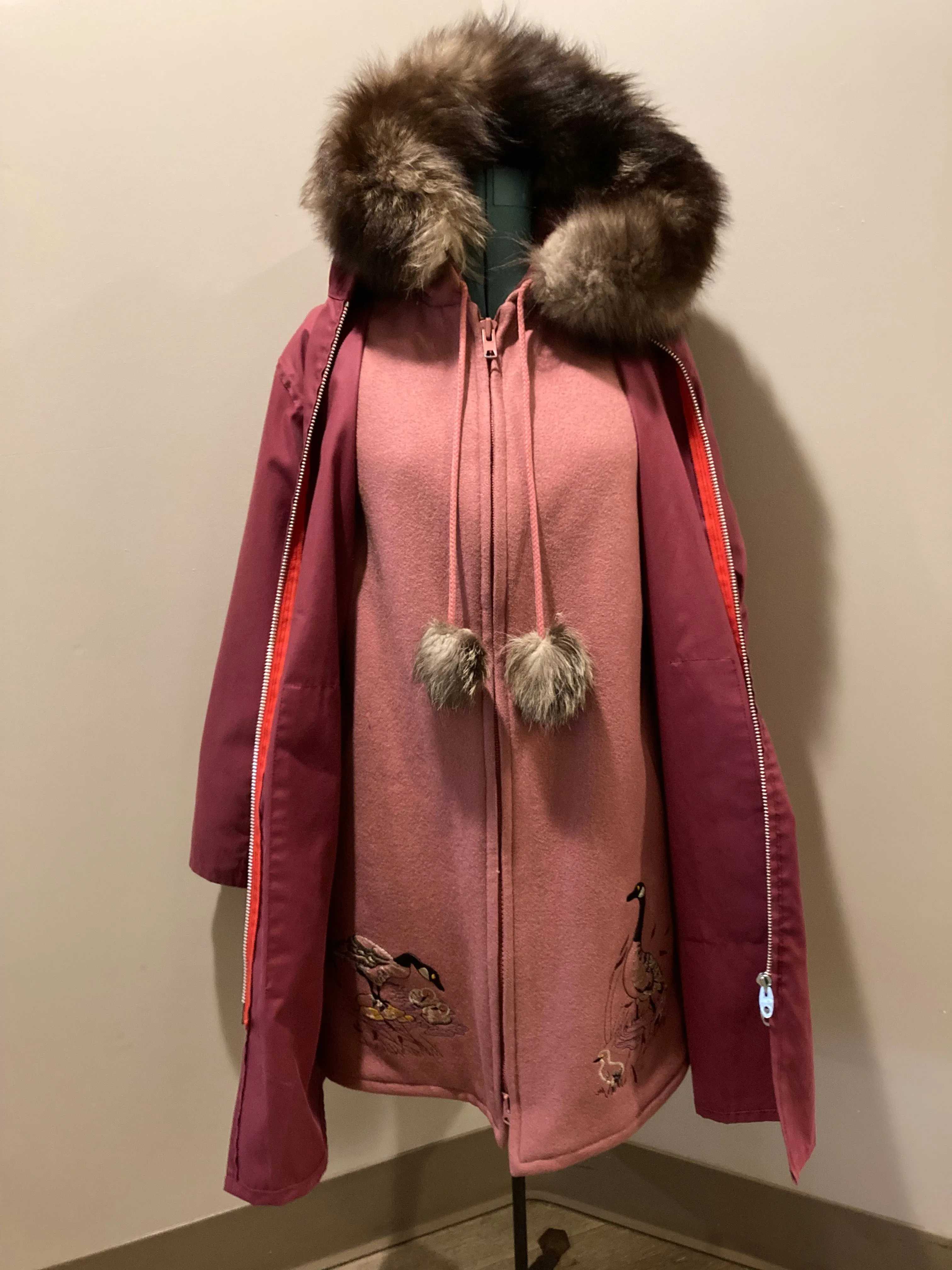 Vintage Northern Sun Pink Wool Parka with Goose Motif and Storm Shell, Made in Canada