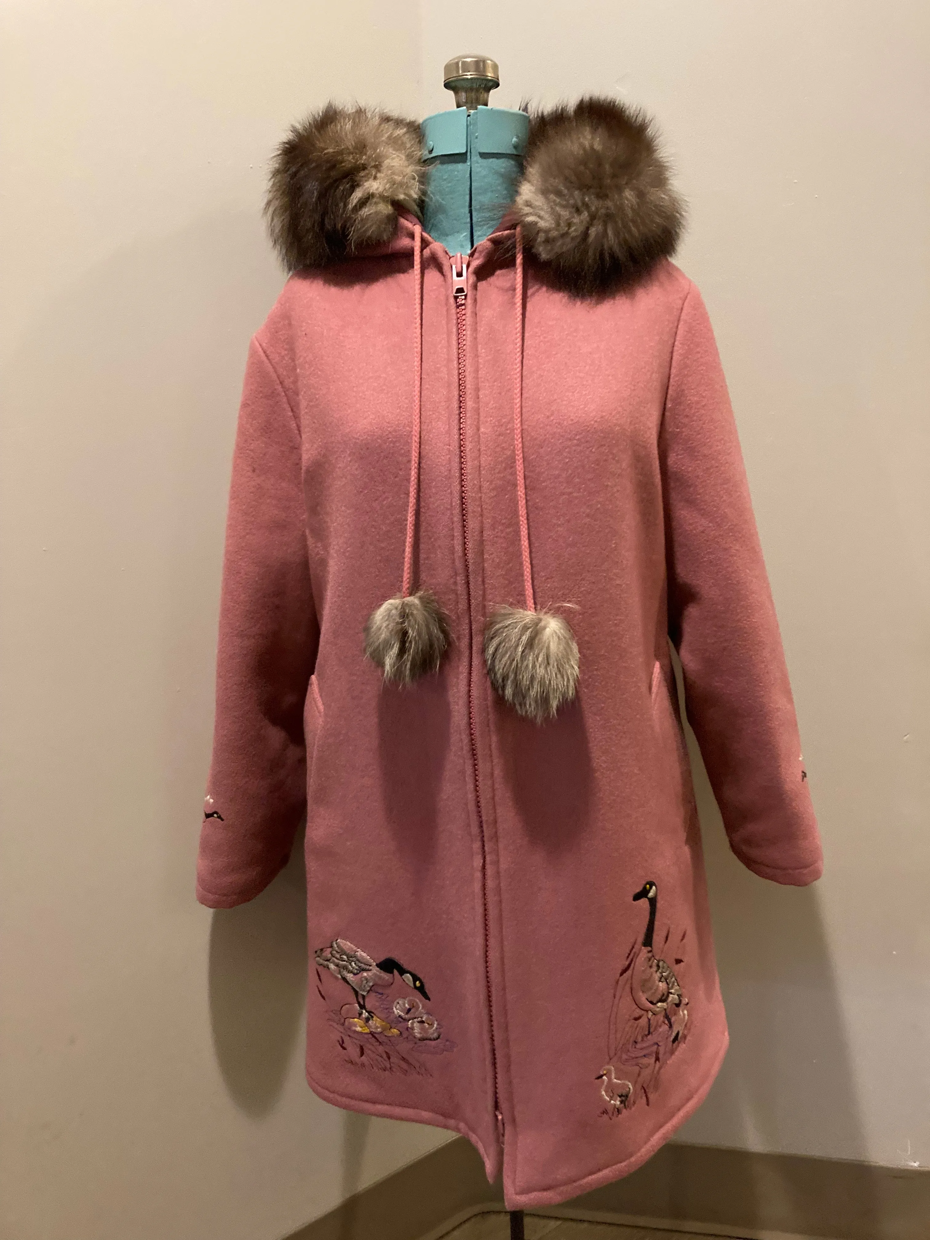 Vintage Northern Sun Pink Wool Parka with Goose Motif and Storm Shell, Made in Canada