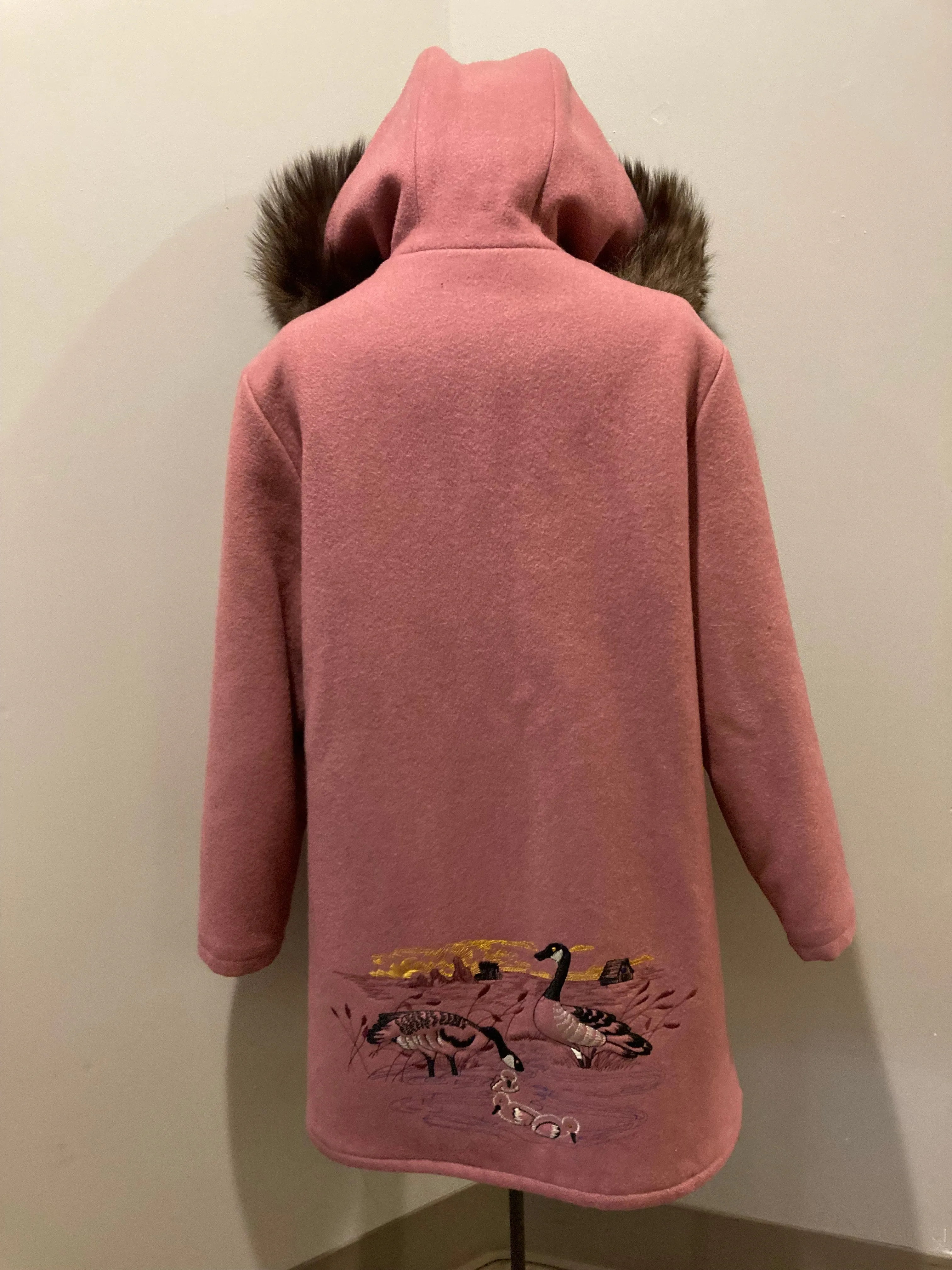 Vintage Northern Sun Pink Wool Parka with Goose Motif and Storm Shell, Made in Canada