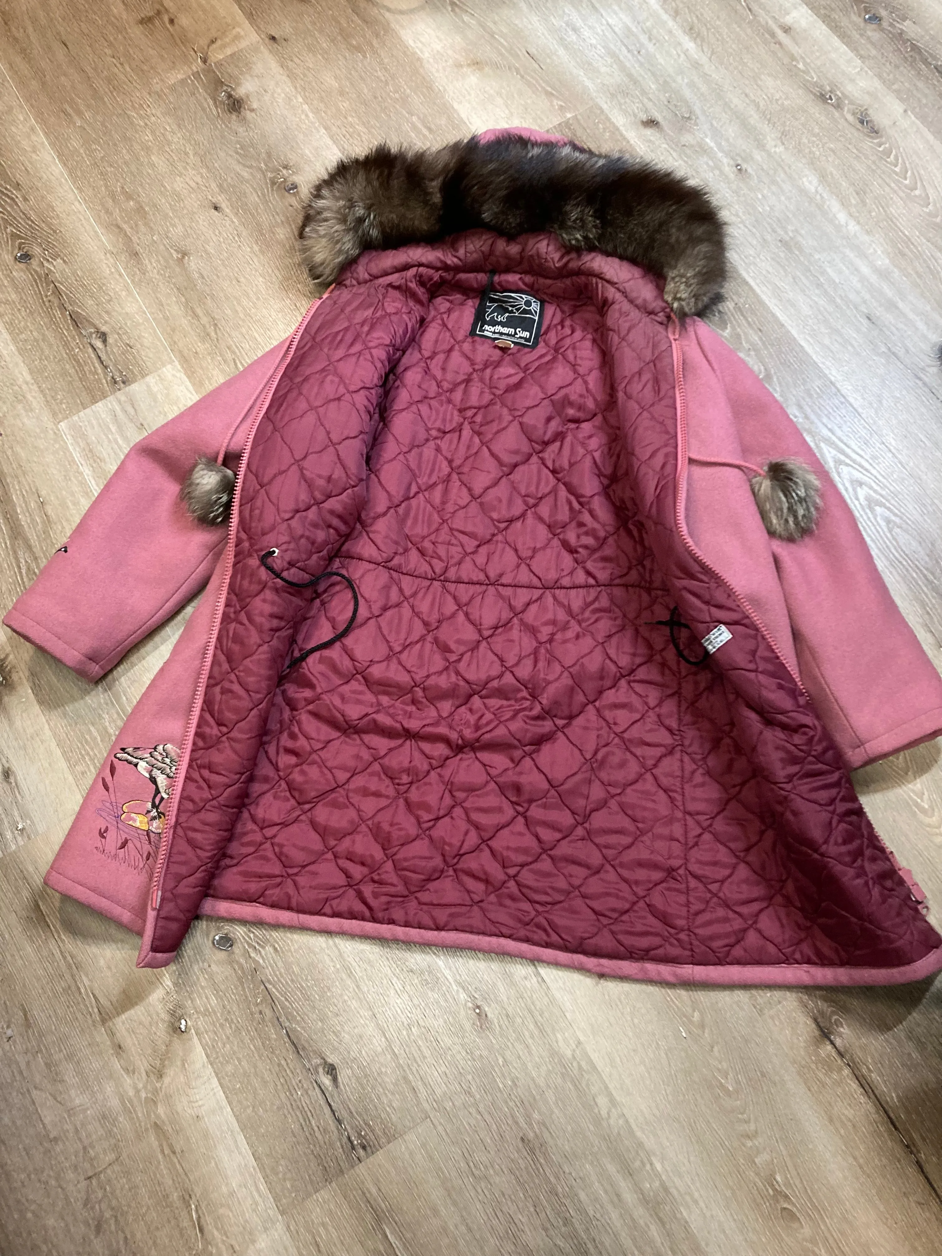 Vintage Northern Sun Pink Wool Parka with Goose Motif and Storm Shell, Made in Canada