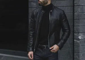 Vintage Slim fit Biker Bomber Black Leather Men Jacket