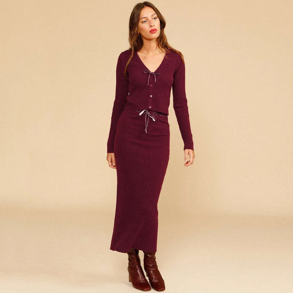 Vintage Tie Front High Waist Long Sleeve Rib Knit Matching Set - Burgundy