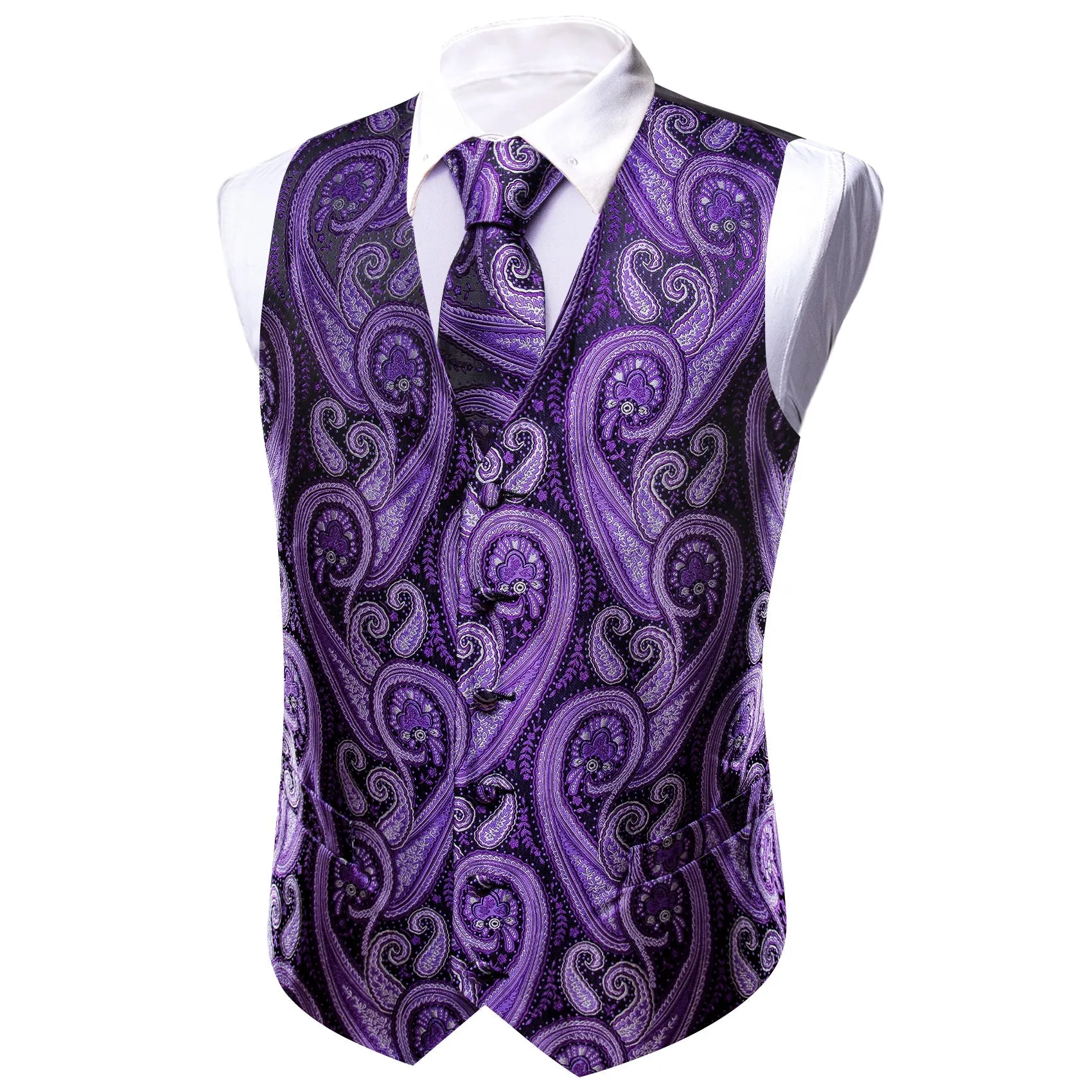 Violet Purple Paisley Silk Men's Vest Necktie Set Waistcoat Suit Set