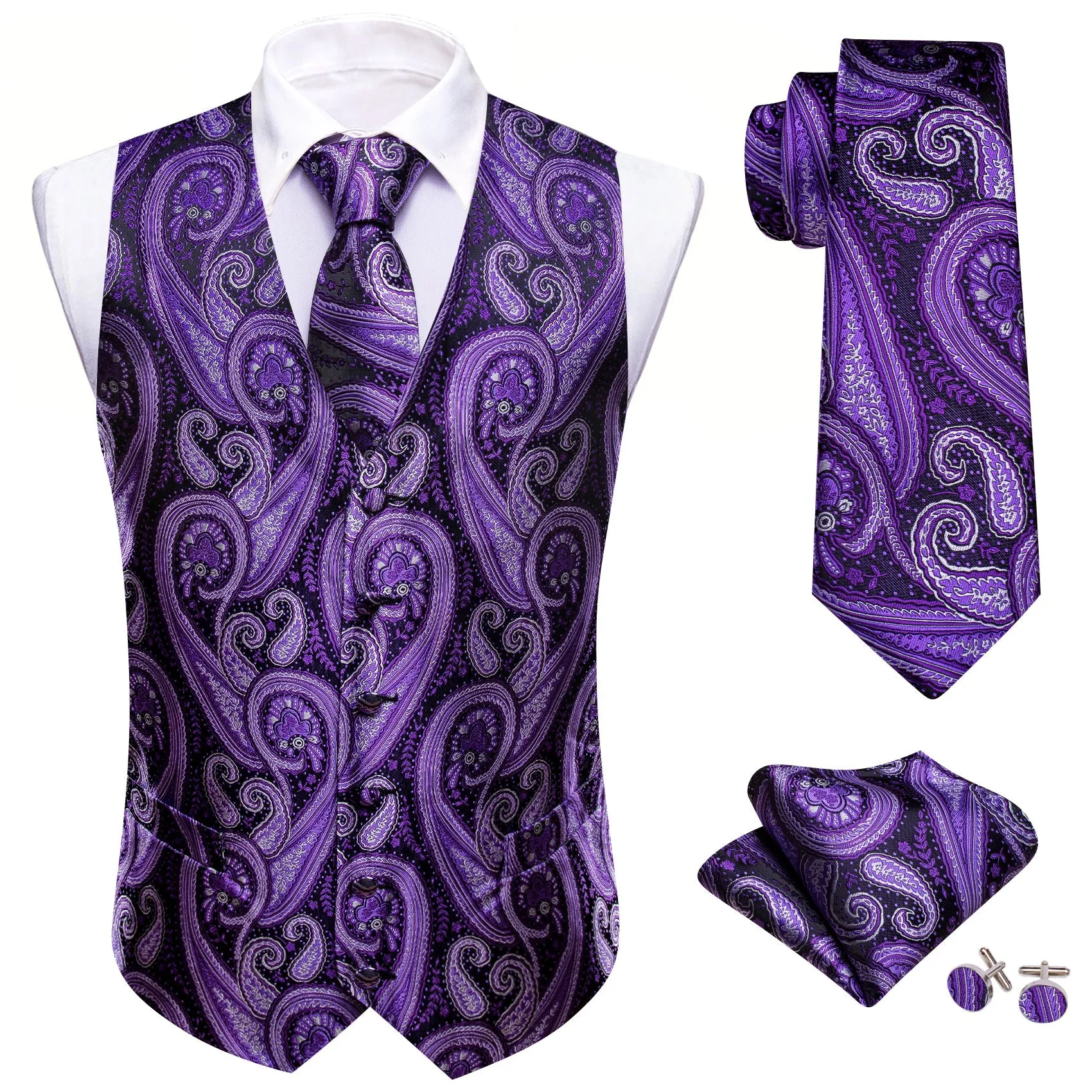 Violet Purple Paisley Silk Men's Vest Necktie Set Waistcoat Suit Set