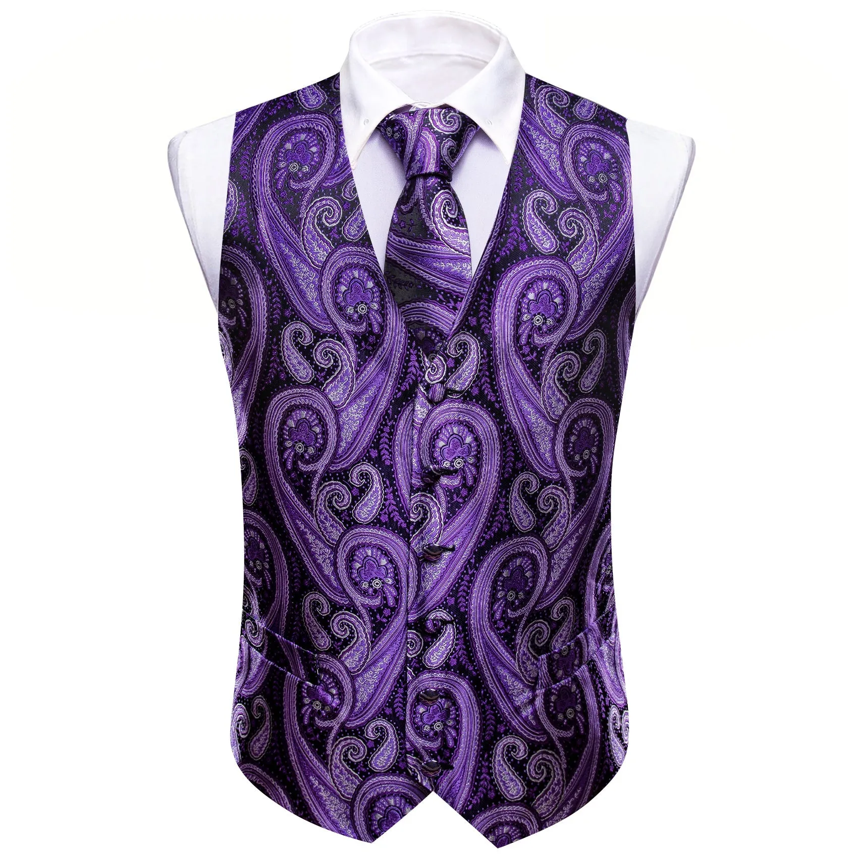 Violet Purple Paisley Silk Men's Vest Necktie Set Waistcoat Suit Set