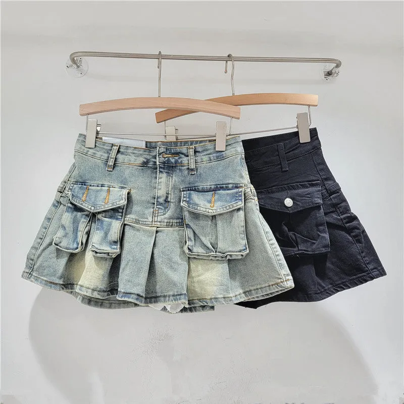 Wenkouban discover style ideas Age-Reducing Pocket Denim Small Skirt Women's Small Hot Girl Pleated Skirt Retro High Waist Anti-Exposure A- line Skirt